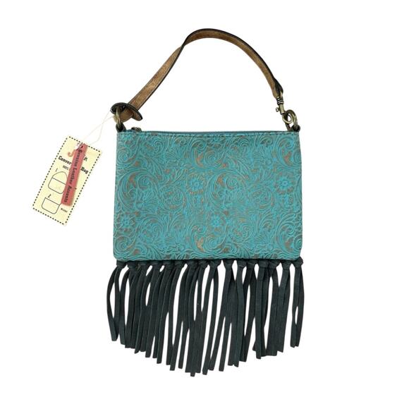 NWT! Justin Turquoise Western Fringe Convertible Mini Shoulder Wristlet Bag - Picture 1 of 6